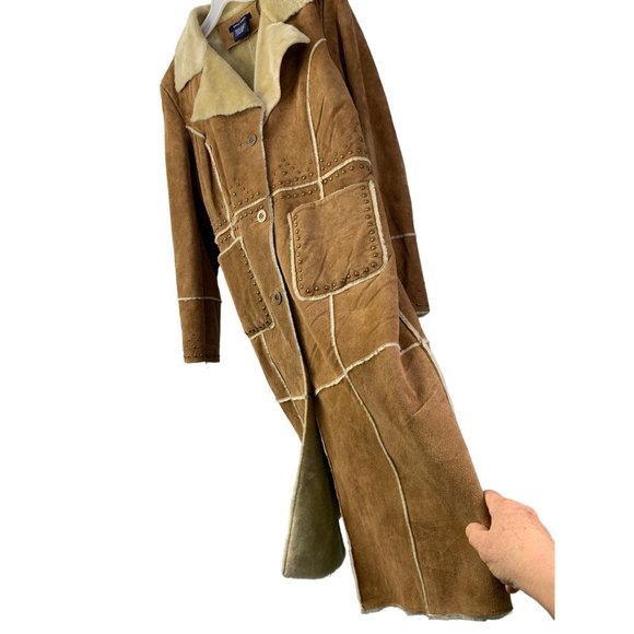 Boston Proper Patchwork Leather Midi Coat Size 12 Studs GUC 6635 Western - Picture 7 of 13